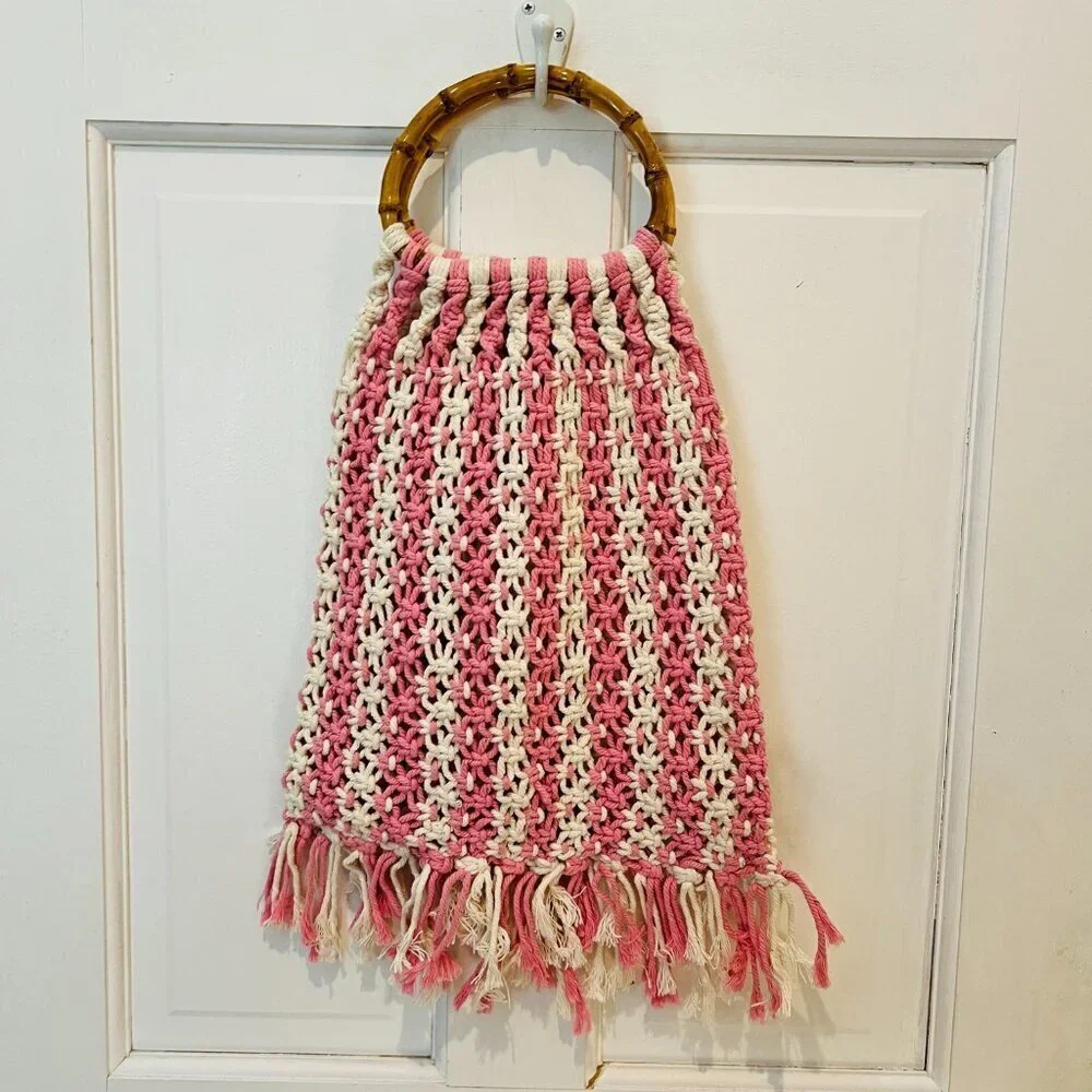 Vintage 70s Macrame Market Bag, Crochet Hobo Handbag, Handwoven Purse w Bamboo